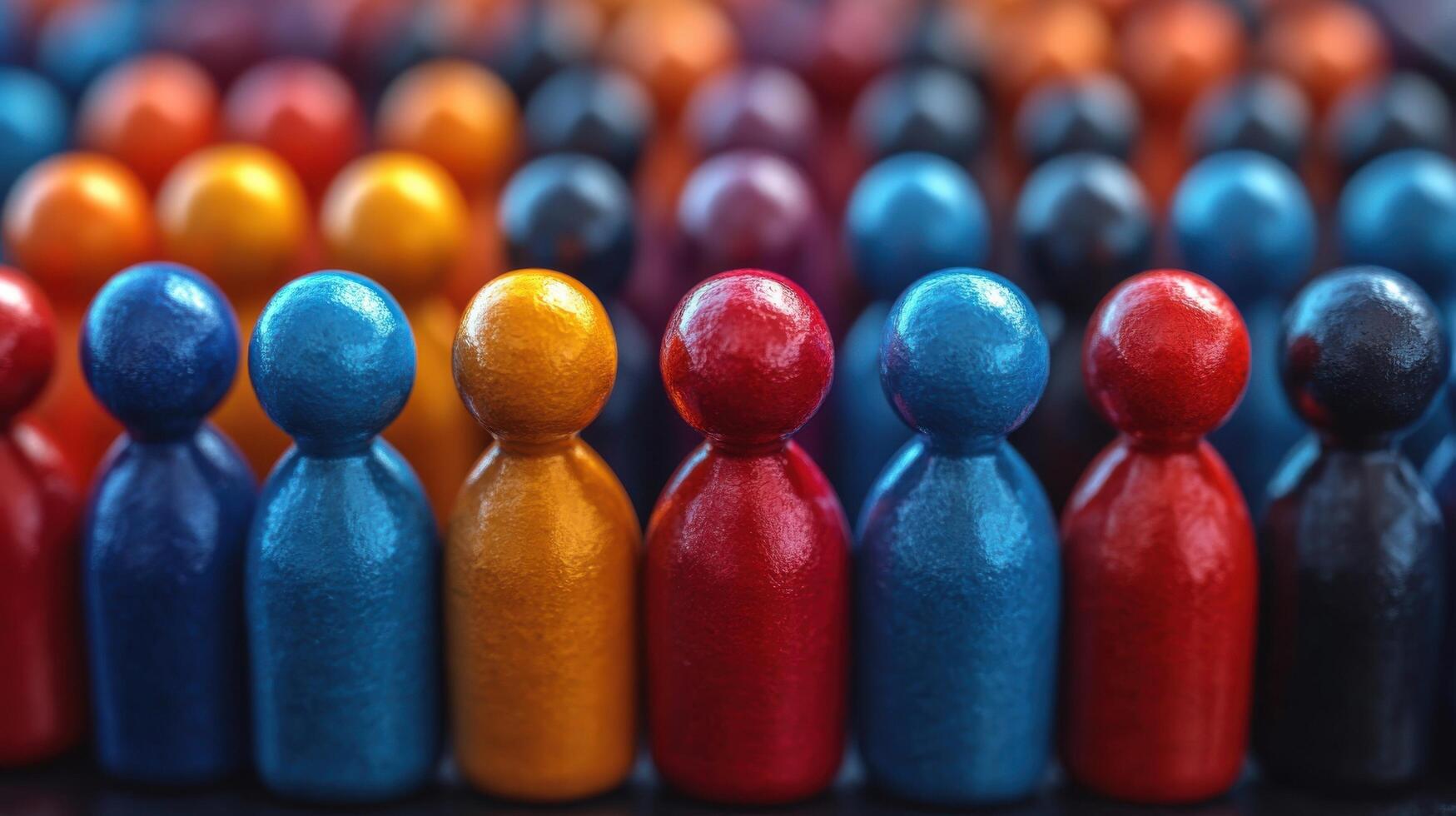 Colorful wooden figurines arranged in rows creating a vibrant display at a local craft market photo