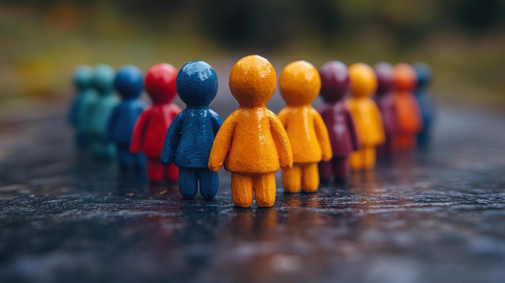 Colorful wooden figures arranged in a circle on a wet surface outdoors during a rainy day photo
