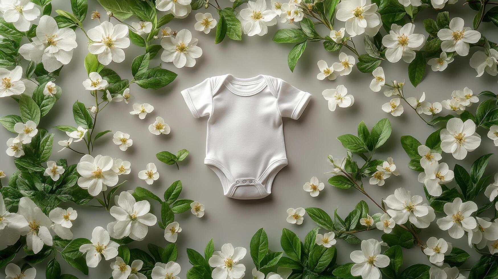 White baby onesie surrounded by fresh white flowers on a neutral background in a serene setting photo