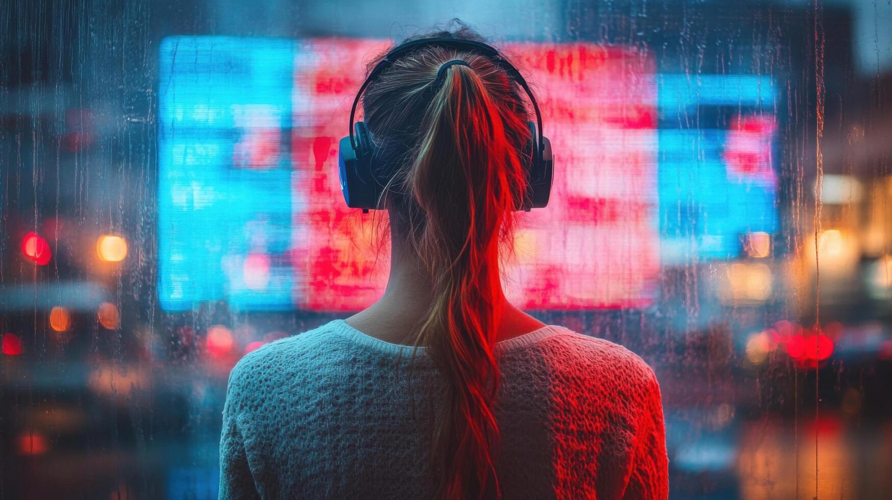 Young woman wearing headphones gazes at colorful city lights through a rain-speckled window at night photo