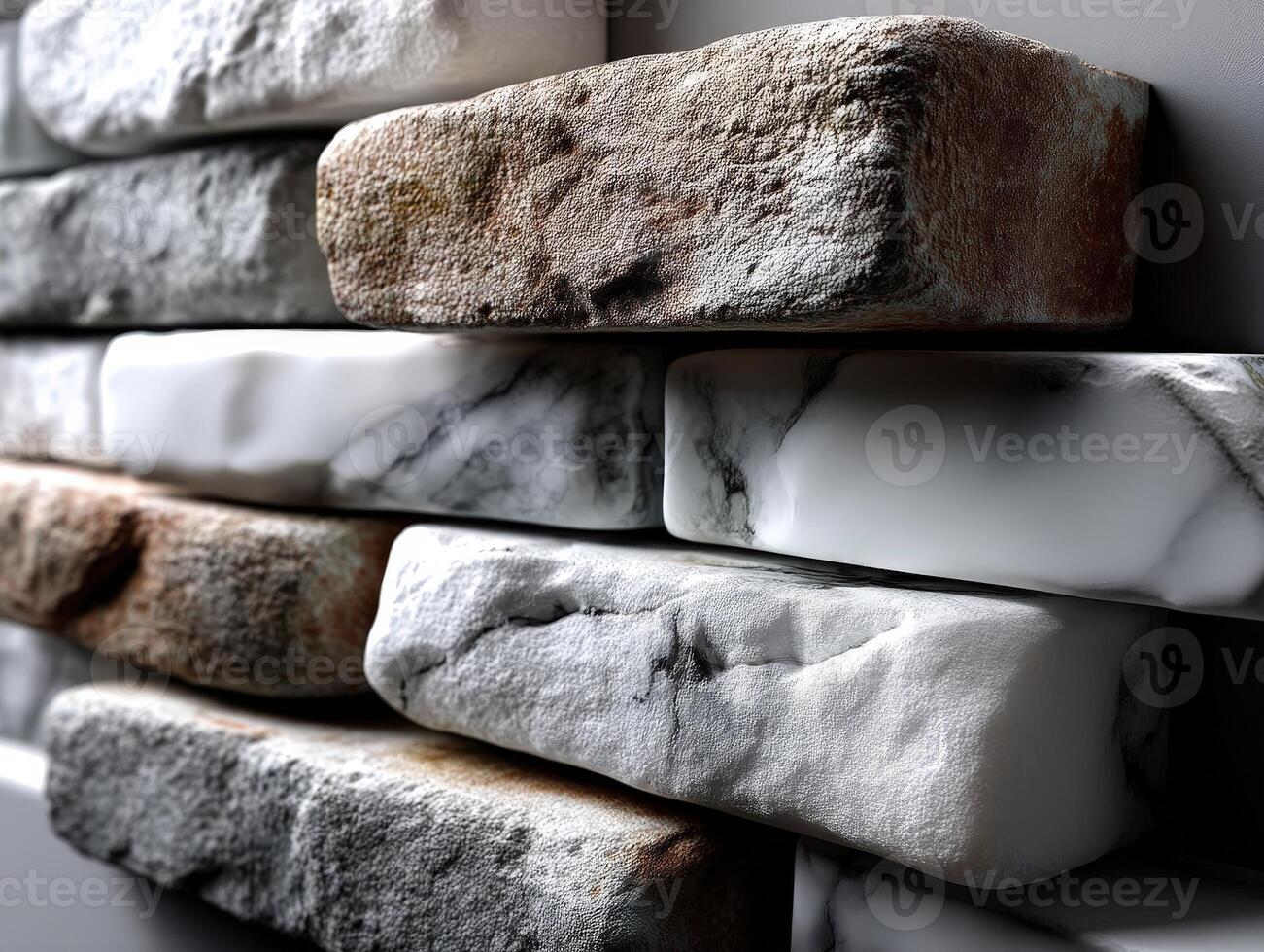 Weathered, textured bricks and smooth marble-like bricks form a pattern. Varied shades of gray and earthy tones accentuate the rough and polished surfaces, creating a contrast photo