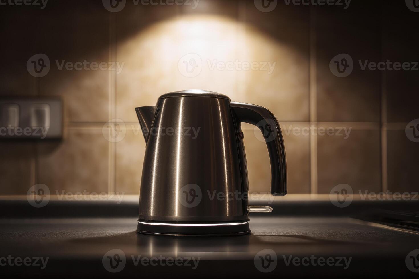 Electric kettle with a sleek metallic finish sits on a kitchen countertop, illuminated by soft overhead lighting. Background features beige tiled wall and light switch photo