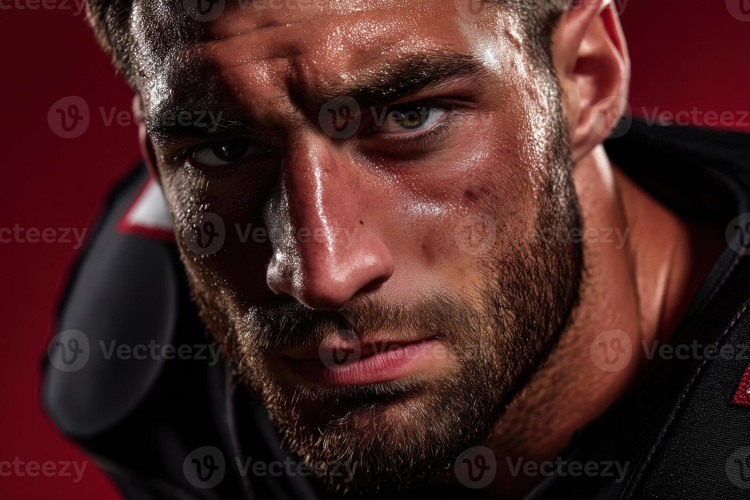 Sweaty man with intense gaze, wearing black padded gear. Close-up of rugged facial features, defined brow, and beard. Lighting highlights expressive eyes, muscular build photo