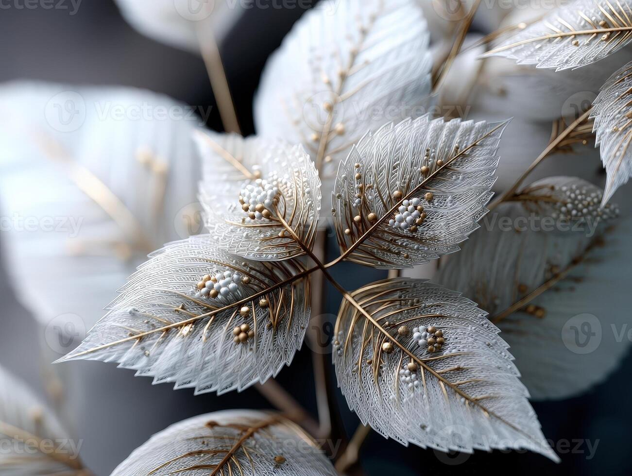 Delicate white leaves intricately detailed with gold veins and clusters of small white and gold spheres create a luxurious, artistic design with a metallic and elegant appearance photo