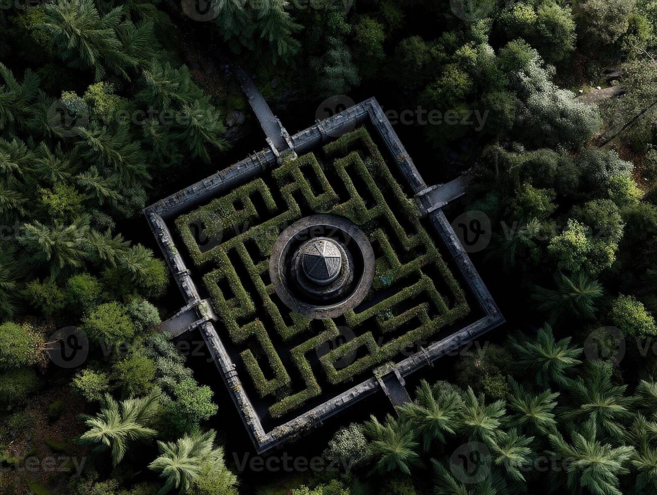 Square hedge maze with circular structure at center, surrounded by dense green forest. Aerial view captures intricate pathways and lush vegetation, offering a sense of mystery and serenity photo
