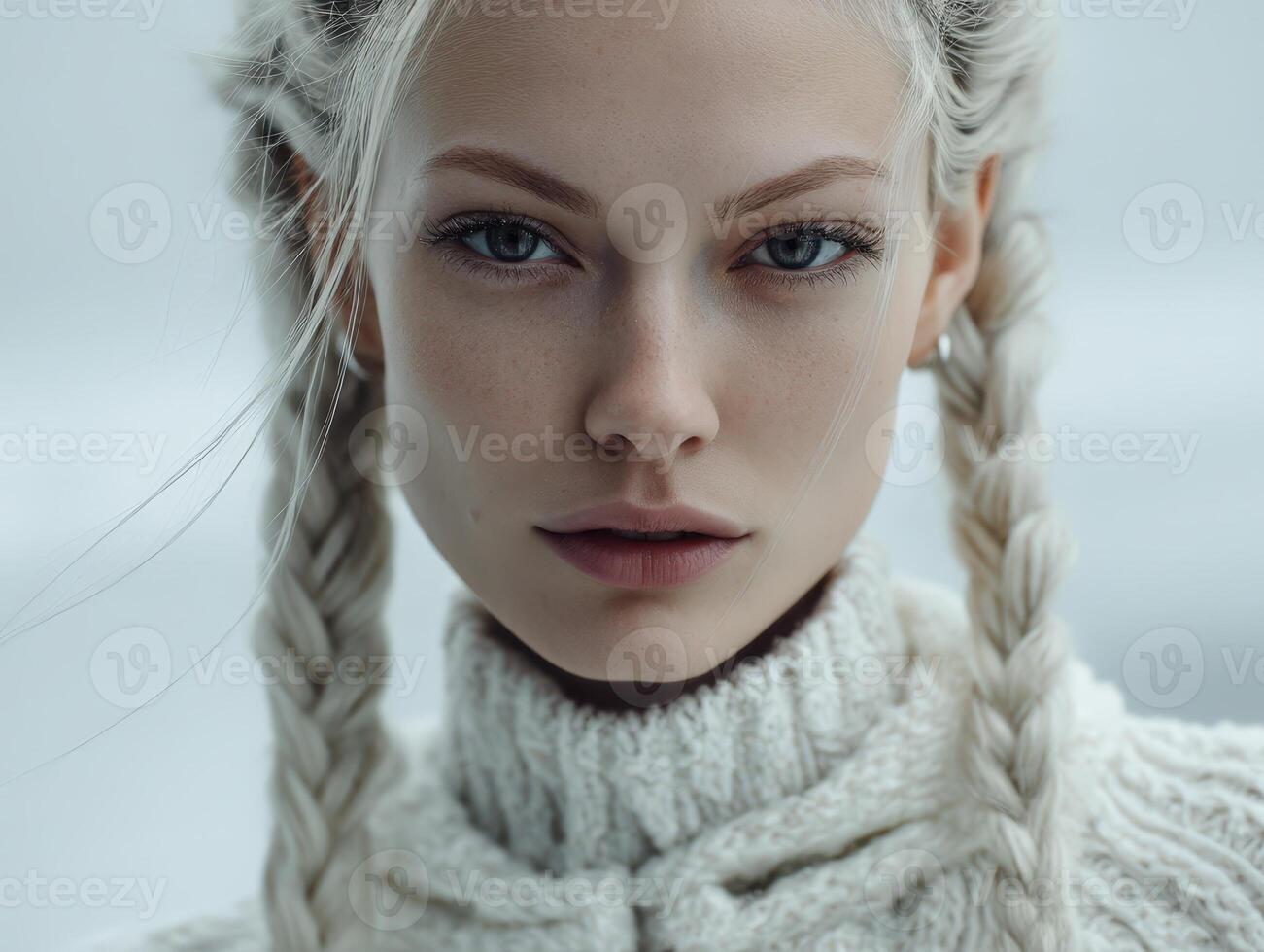 Young woman with braided hair and intense gaze, wearing a textured high-neck sweater. She has fair skin and subtle makeup, exuding a soft, serene expression and natural beauty photo