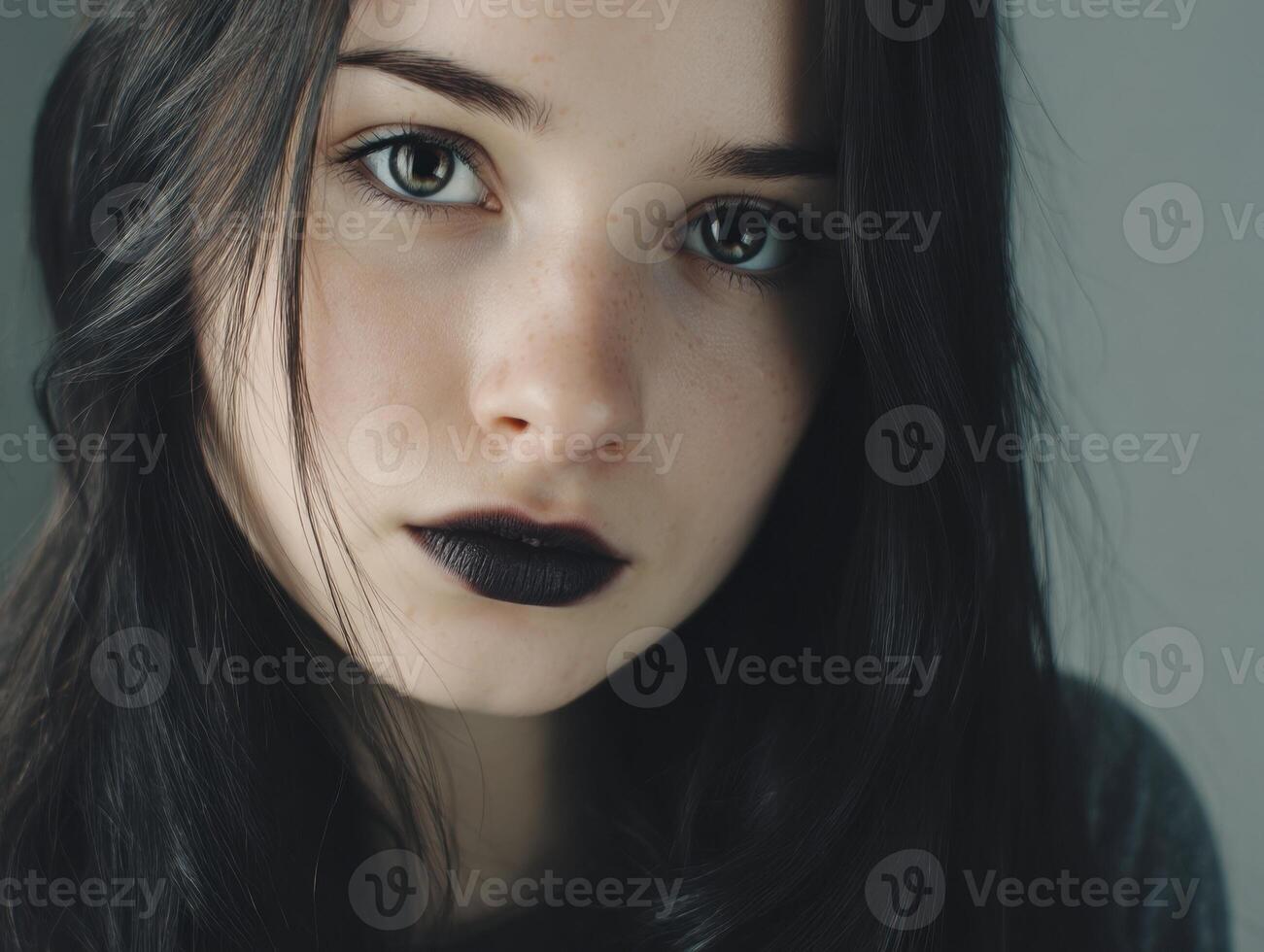 Young woman with long dark hair gazes intently, her lips painted dark, subtle freckles visible. Soft lighting creates a gentle contrast, highlighting her smooth, clear complexion photo