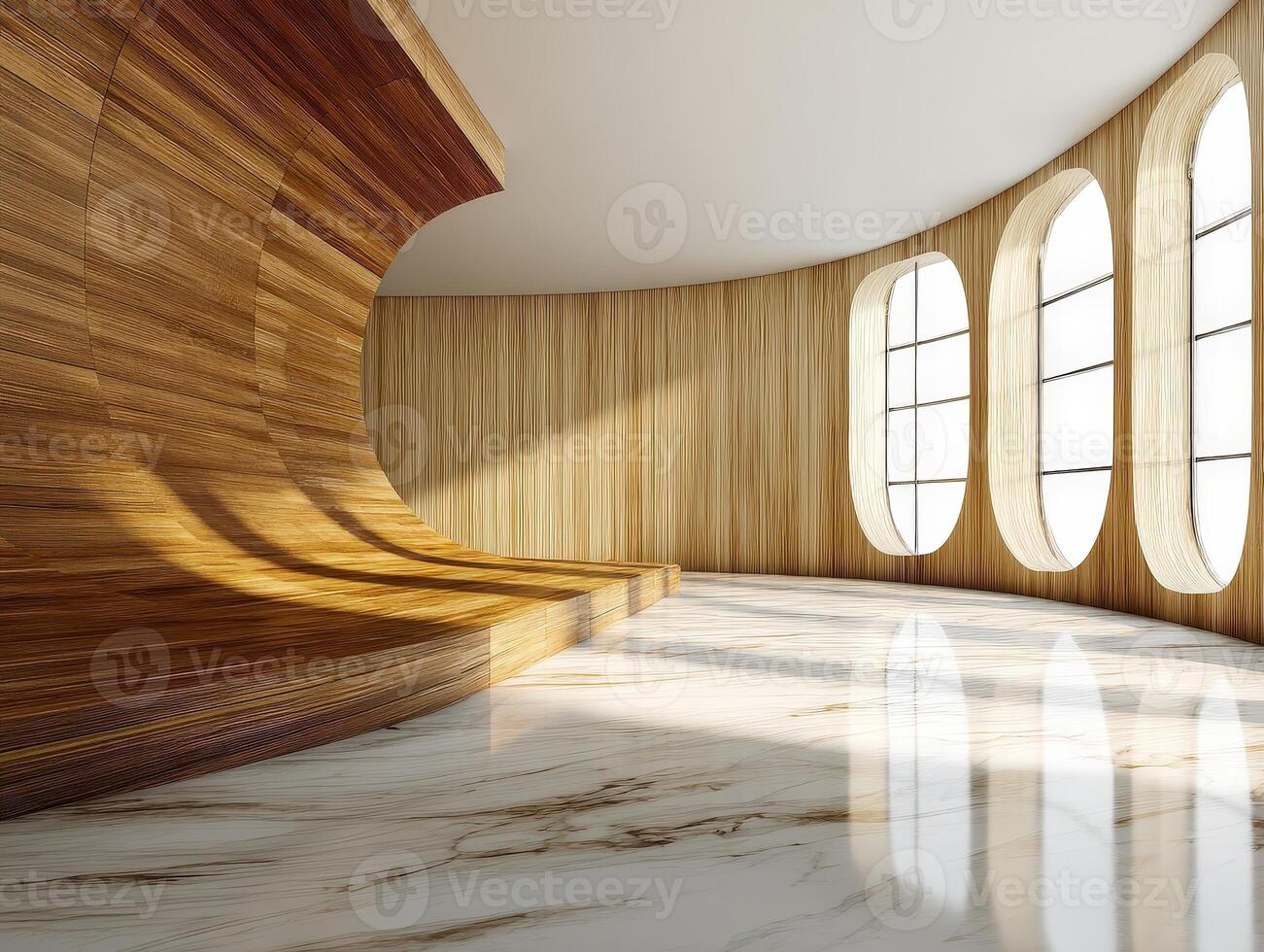 Curved wooden wall leads to large, oval windows casting sunlight on polished, marbled floor, creating a serene and minimalist architectural interior scene photo