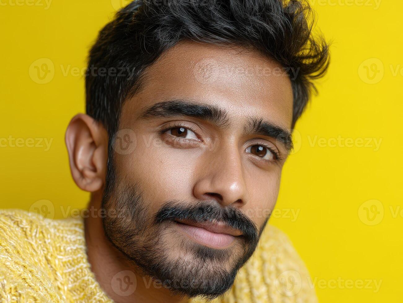 Young man with dark hair and beard in yellow knit sweater, close-up, with soft smile on his face, against yellow background. Warm and inviting expression, well-defined features photo