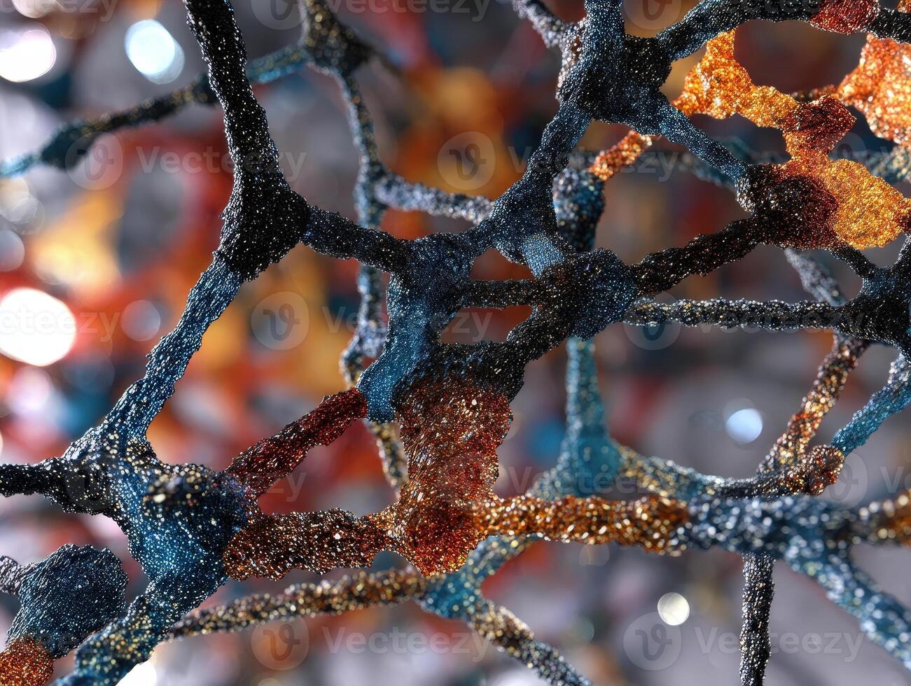 A close-up of an abstract network of intertwined, shimmering strands in blue, orange, and black hues, highlighted by glittery textures and soft-focus areas creating depth photo