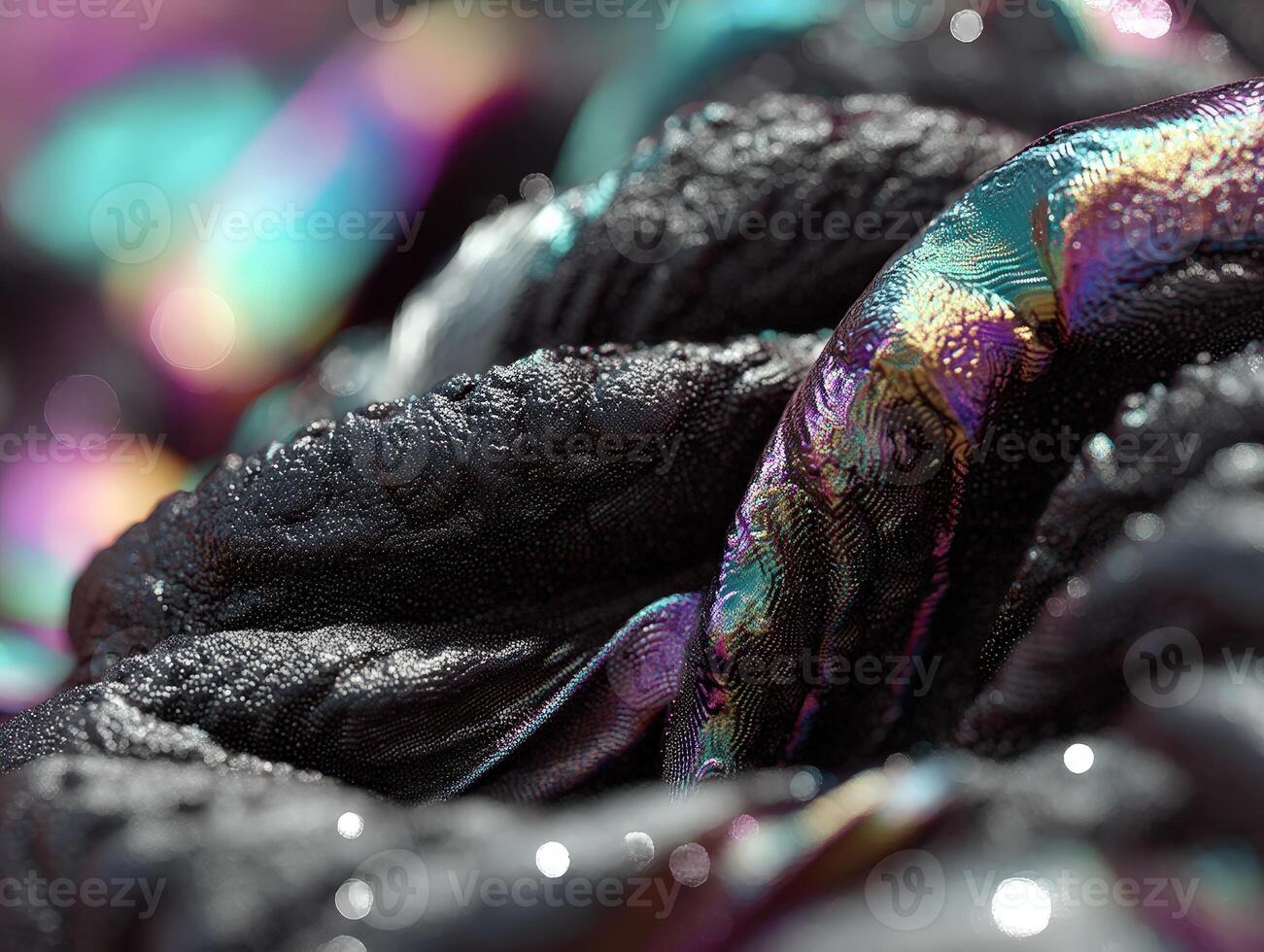 Textured material with iridescent highlights and bubbles, showing a close-up view of a black, shiny surface with multicolored reflections on folds, and defocused light spots photo
