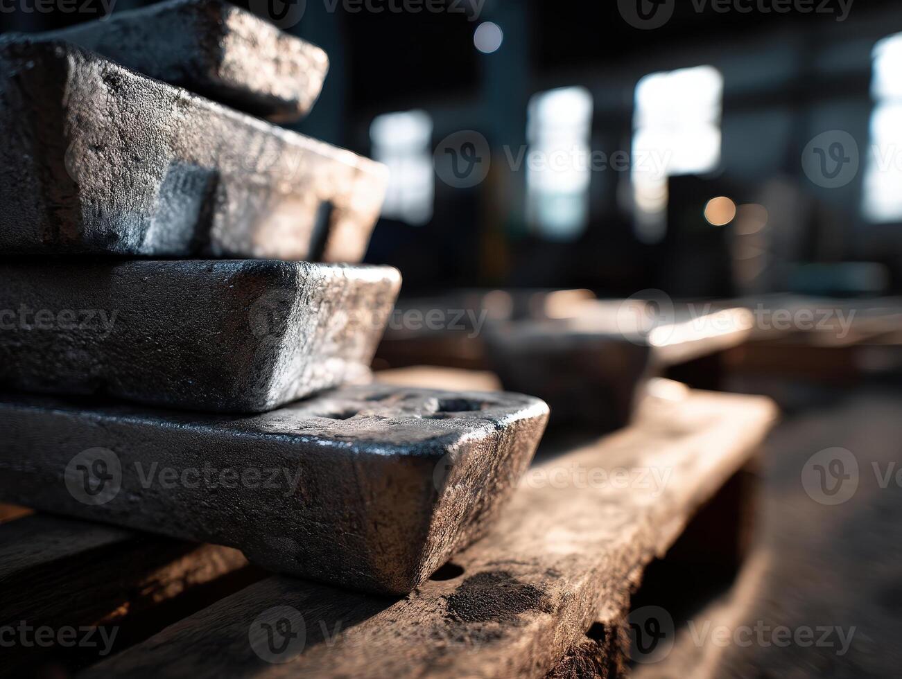 Rough metal ingots stacked on a wooden pallet, illuminated by soft light in an industrial setting. The image has a shallow depth of field, creating a blurry background effect photo