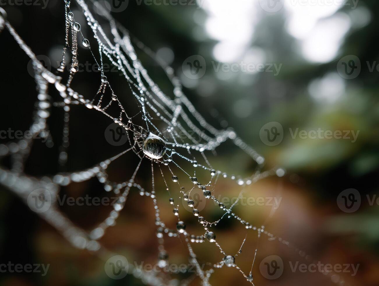 Dew drops glisten on a delicate spider web intricately woven, with the background softly blurred in natural shades of green and brown, creating a serene and tranquil atmosphere photo