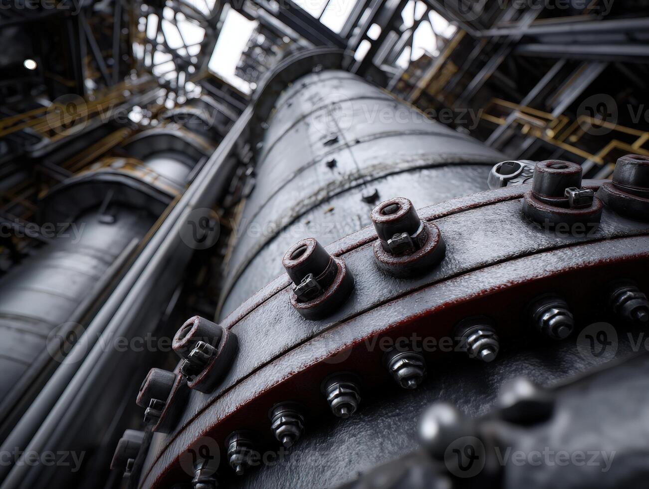 Industrial scene with towering metal structures, cylindrical shapes, bolts, and rivets. The perspective highlights the massive scale, with intricate details in the construction photo