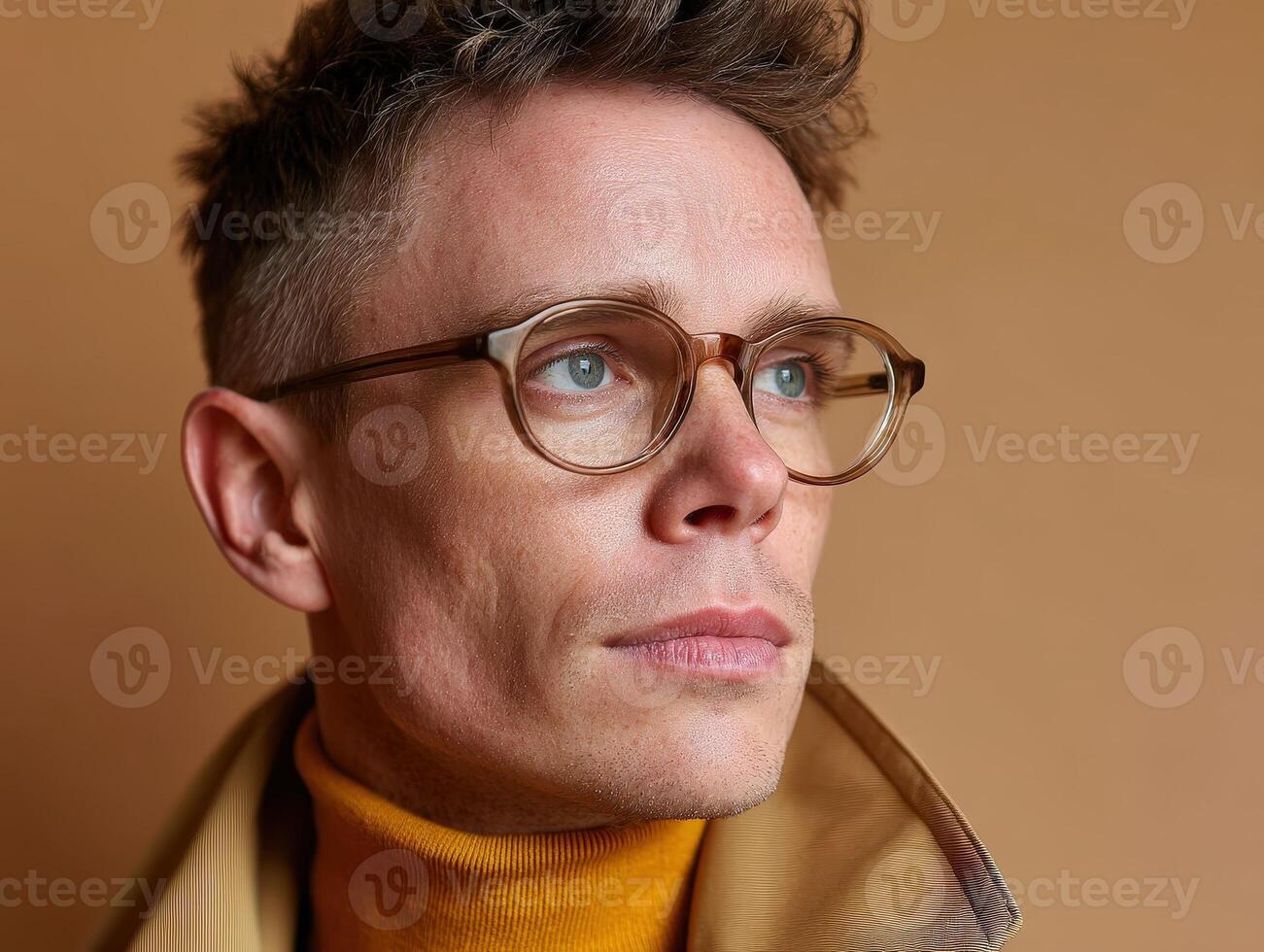 Young man with short hair wearing glasses and a yellow turtleneck, looking thoughtfully to the side with a neutral expression, brown jacket slightly opened at the collar photo
