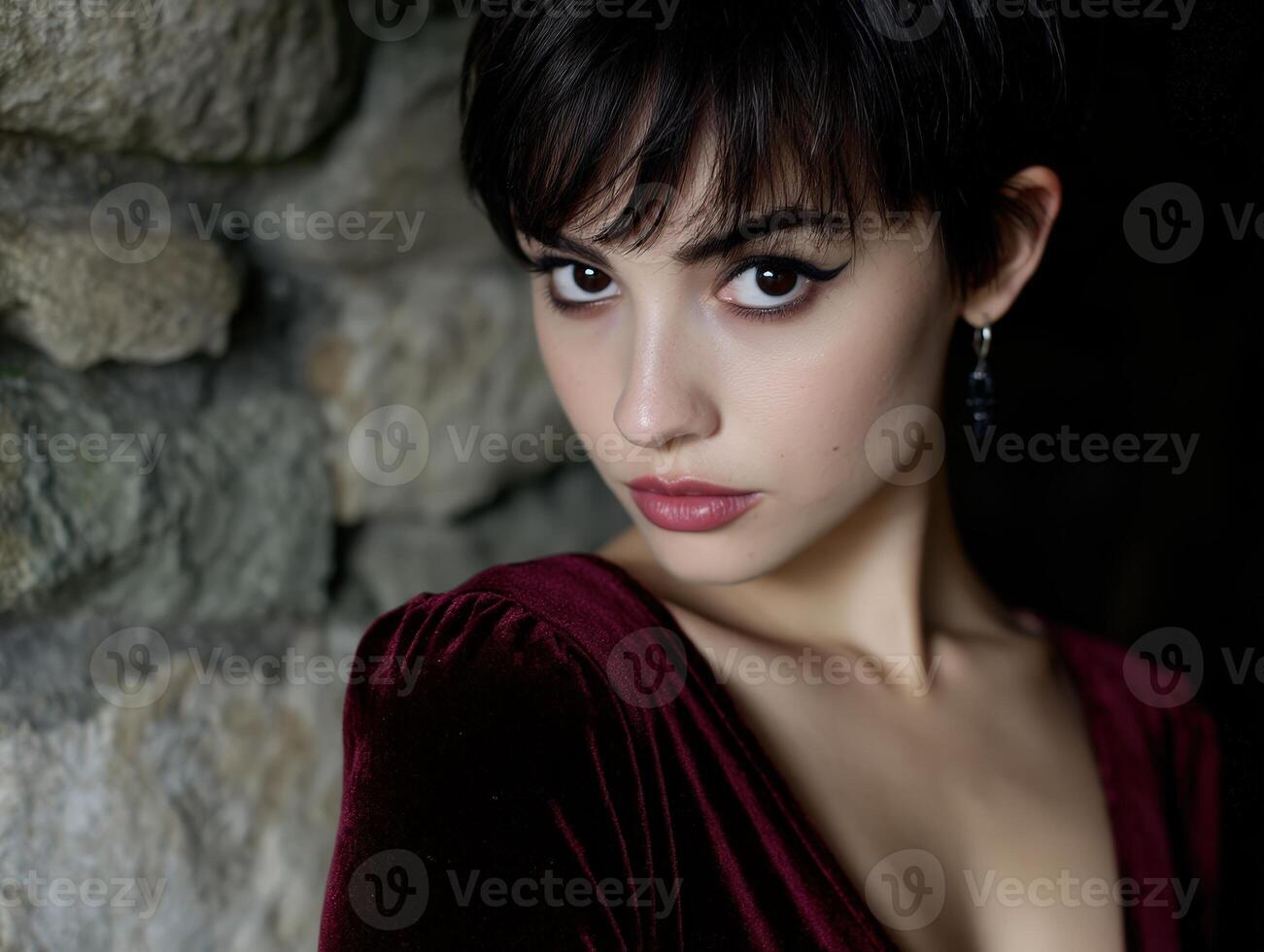 Dark-haired person gazing intensely, wearing a burgundy velvet outfit, dangling earring, and striking black eyeliner. The background has a textured stone surface photo