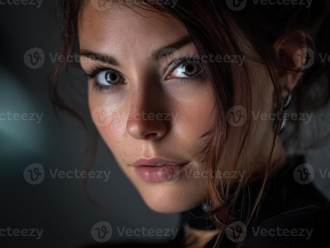 Elegant woman with wavy brown hair gazes intensely into the camera. Her makeup enhances her natural beauty, with emphasis on striking eyes and softly parted lips. She wears subtle jewelry photo