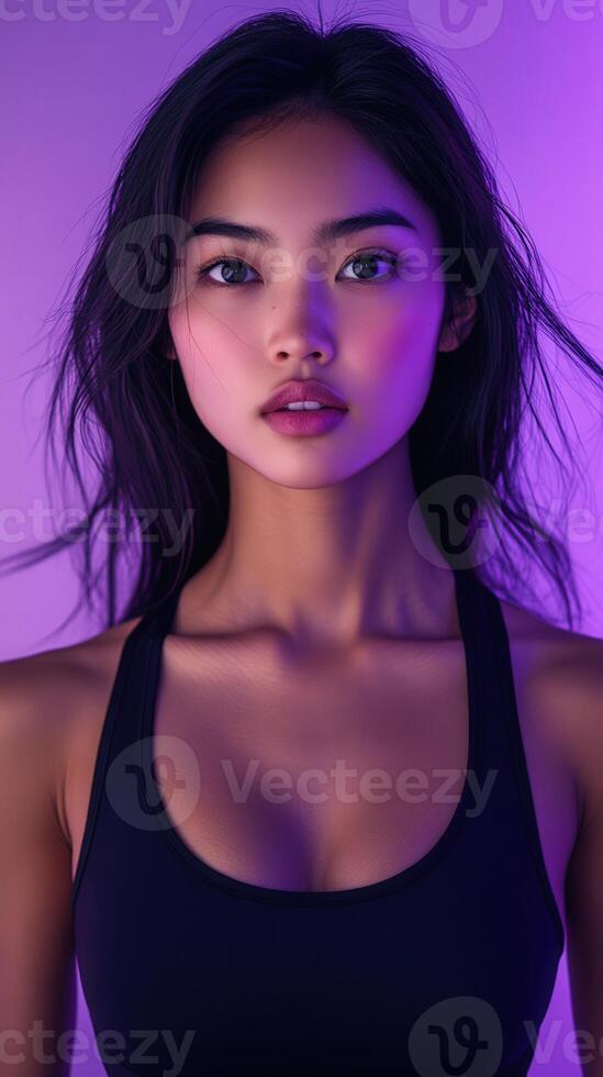 Young woman with long hair stares directly, illuminated by purple lighting. She wears a dark sleeveless top, her skin glows softly under the vibrant lighting photo
