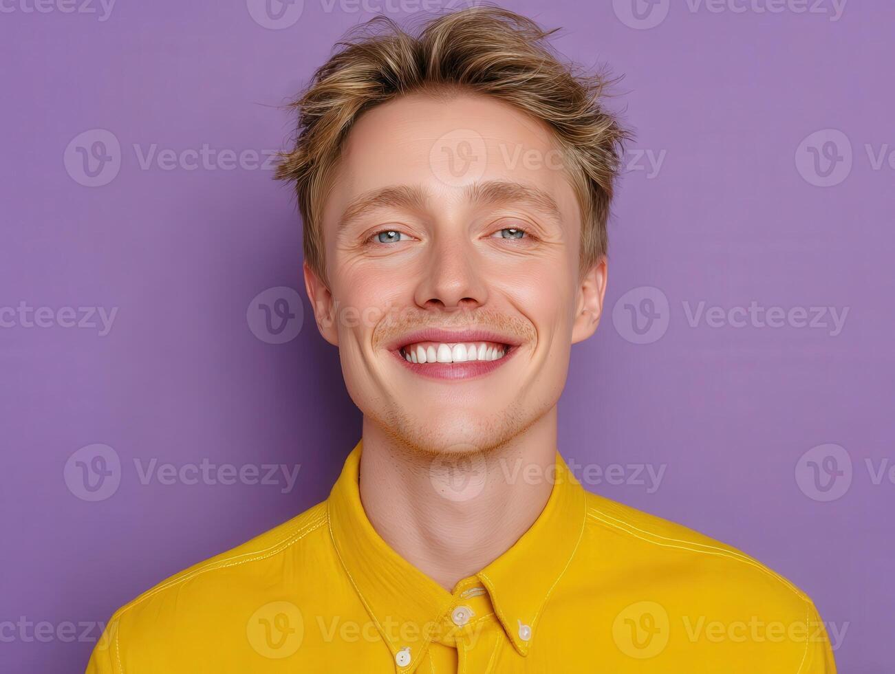 Smiling young man wearing a bright yellow shirt against a soft purple background. He has light brown hair and blue eyes, showing a cheerful expression with a slight stubble photo