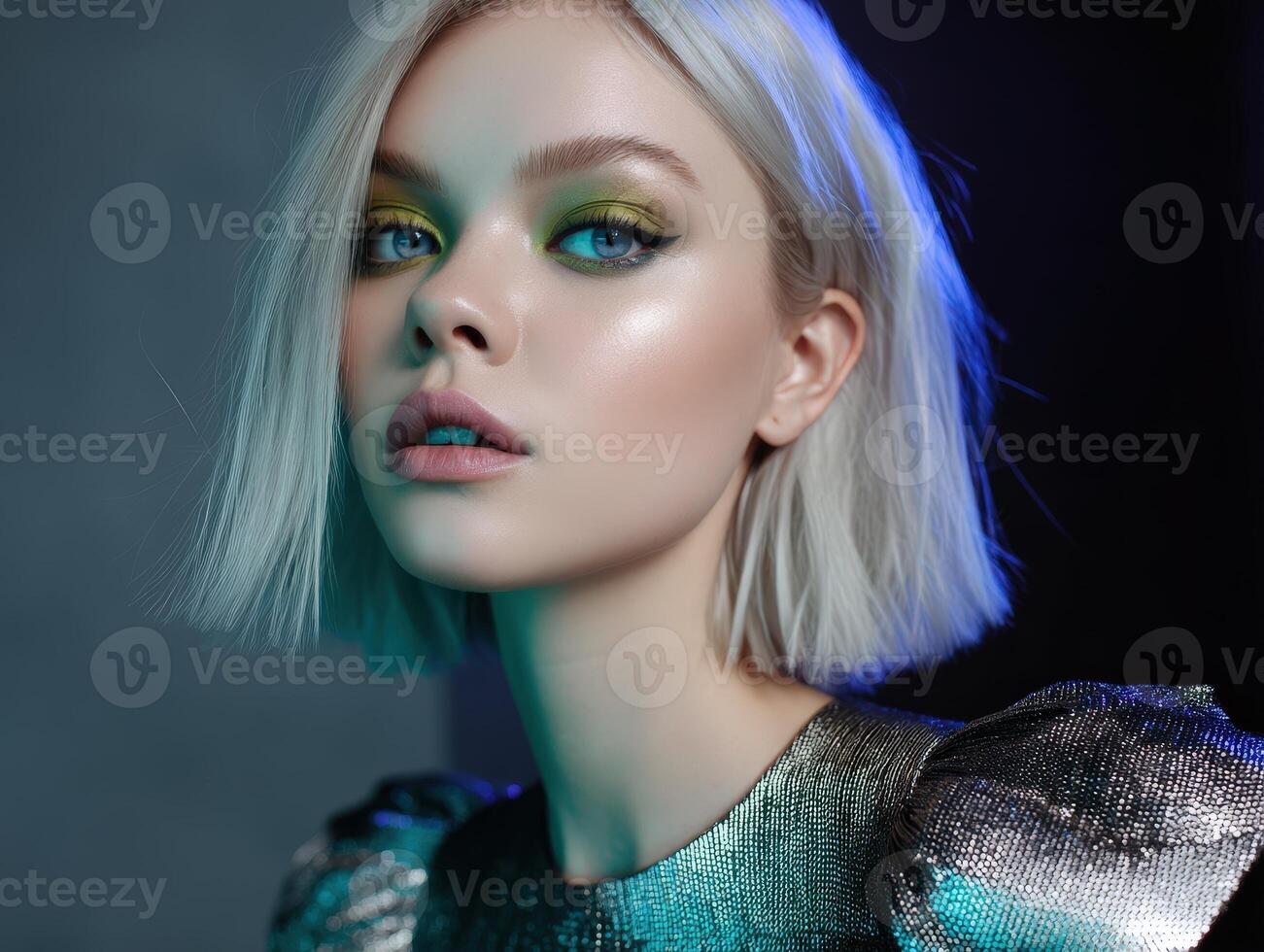 Fashion portrait of a young woman with blond bob hairstyle, wearing metallic textured outfit, and bold yellow eyeshadow. She has a poised expression and glowing skin photo