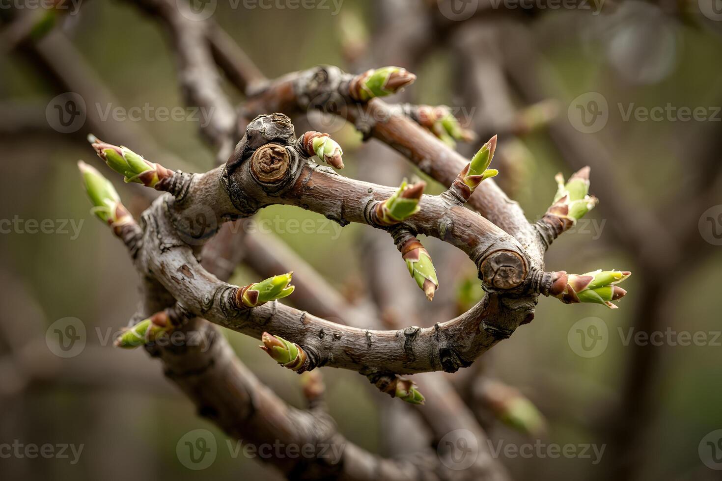 Tree branch with buds emerging in spring, new life, close up, nature, detail photo