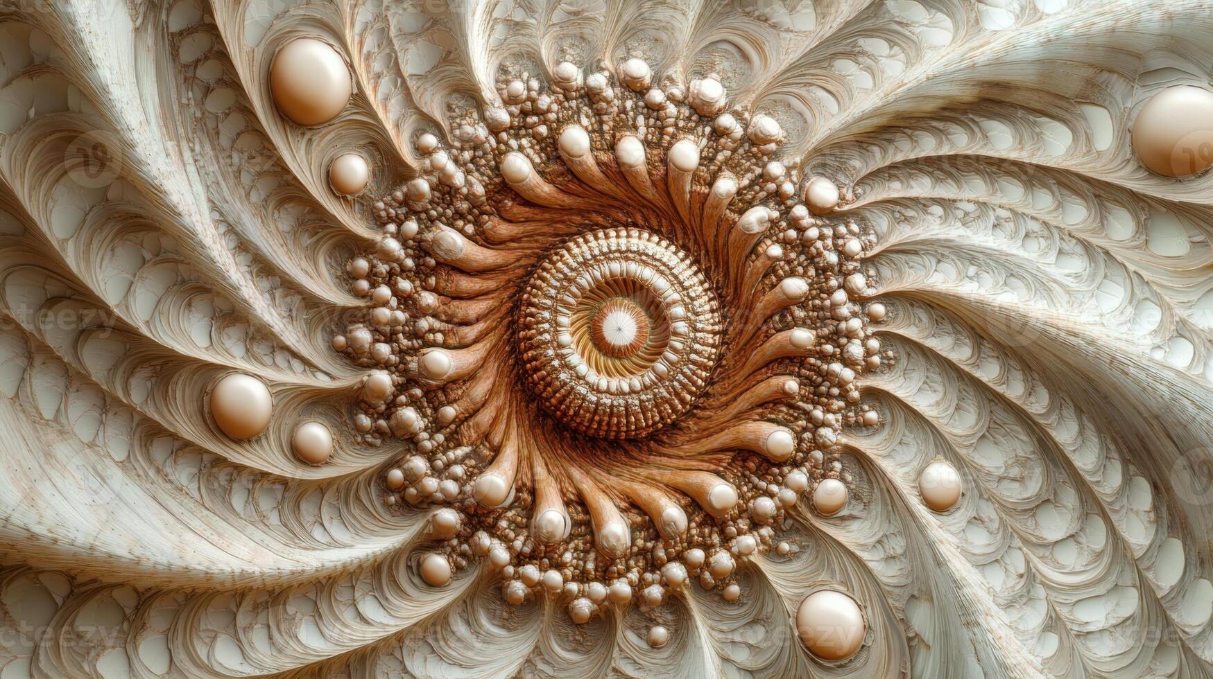 Abstract fractal design forms a swirling spiral pattern with intricate, layered textures and varying sizes of spheres in soft beige, cream, and brown tones, creating a sense of depth photo