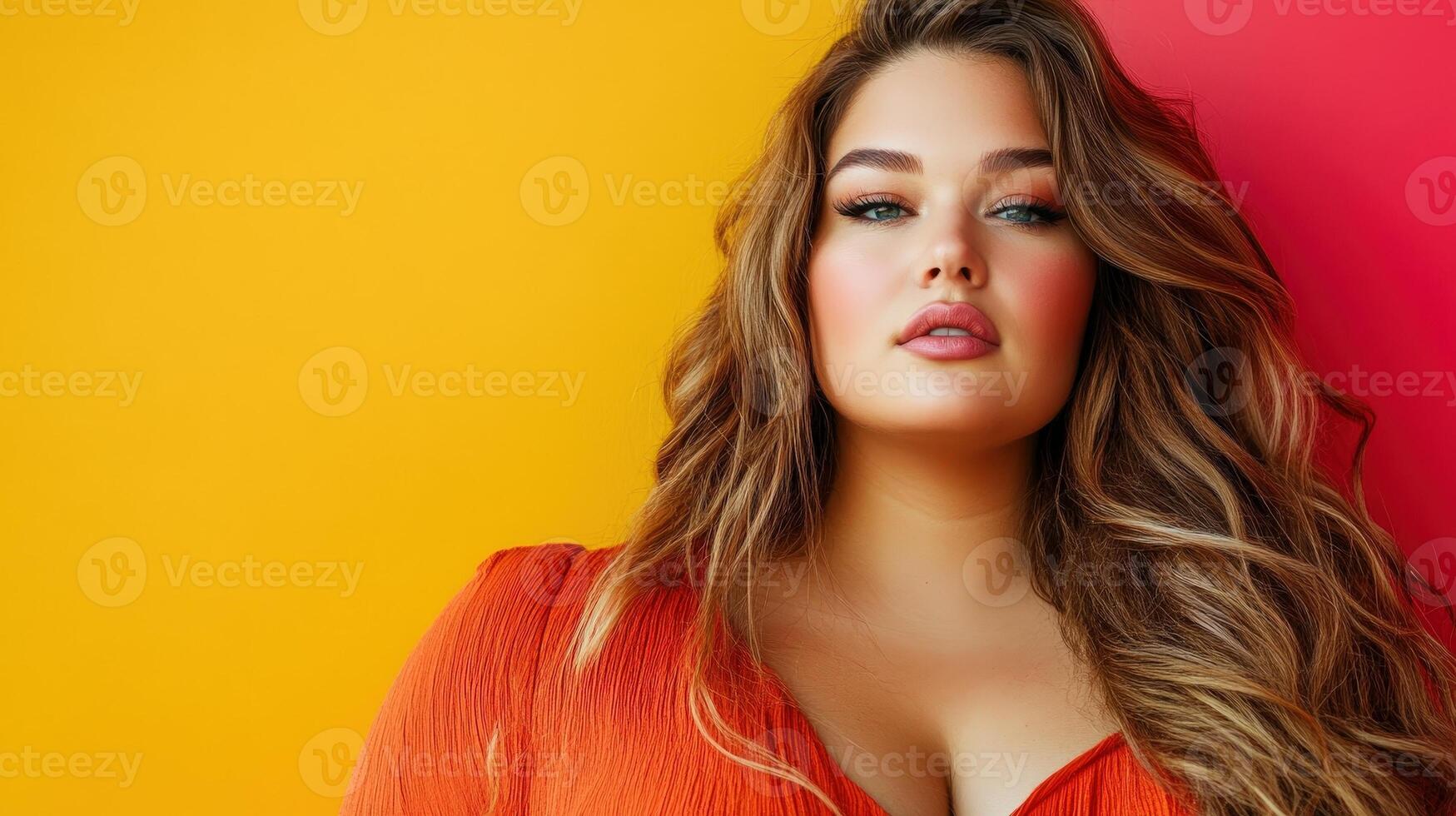 Confident woman with long flowing hair, wearing an orange top, poses against a vibrant dual-color backdrop of red and yellow, showcasing bold eye makeup and glossy lips photo