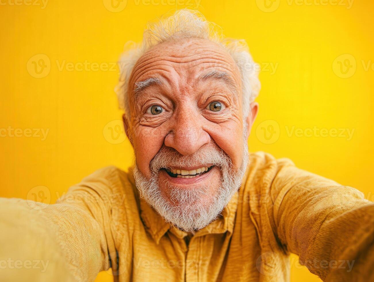 Elderly man with a joyful expression takes a selfie, featuring a bright yellow shirt and a matching vibrant yellow background photo