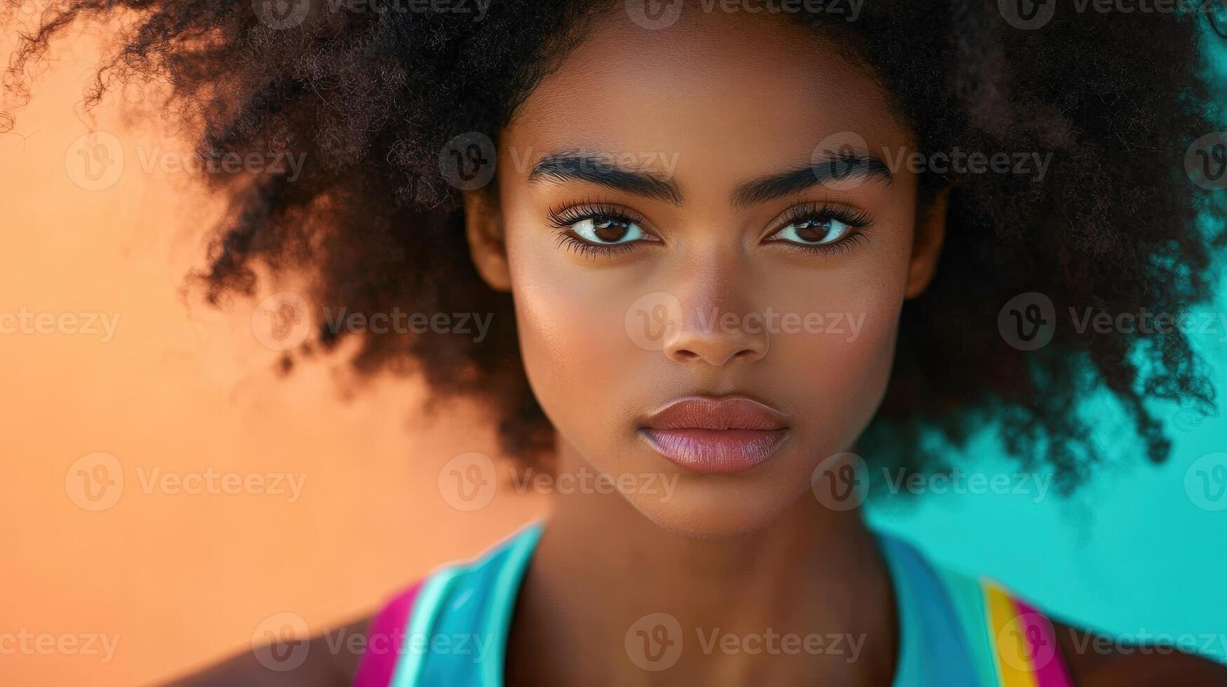 A young woman with voluminous curly hair gazes directly at the camera. Her skin is smooth and flawless, and she wears a colorful sleeveless top, creating a vibrant contrast photo