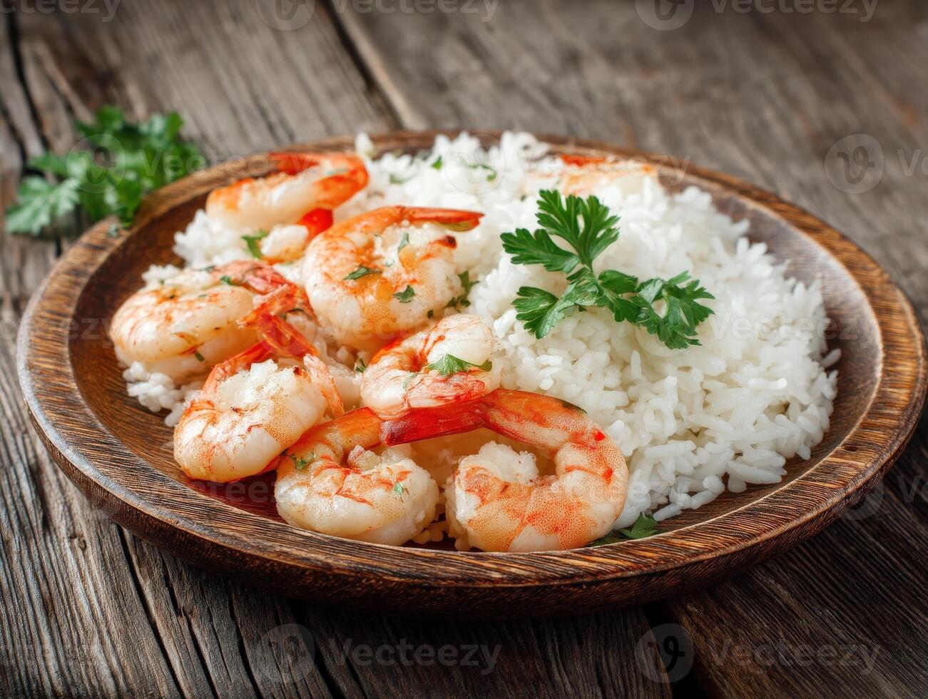 Shrimp garnished with parsley sit atop fluffy white rice on a rustic wooden plate, creating an appetizing presentation enhanced by a textured wood table backdrop photo