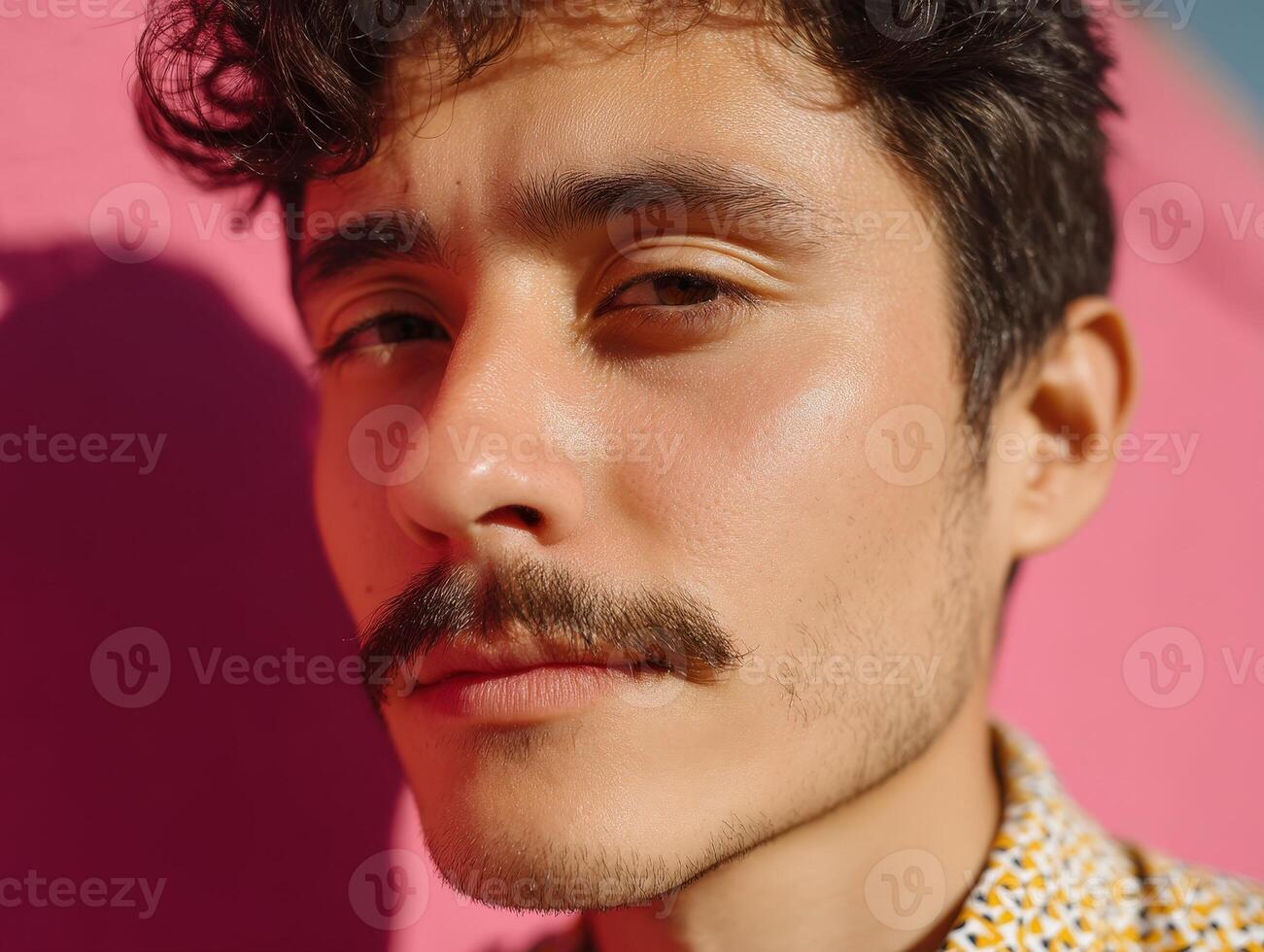 Curly-haired person with a mustache gazes at the camera, casting a sharp shadow. Warm light highlights features, wearing a patterned shirt, standing against a vibrant wall photo