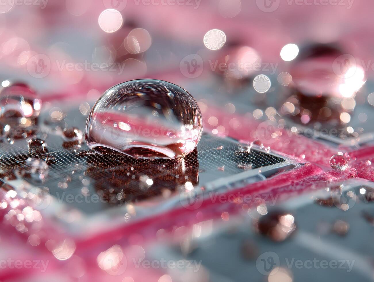 Water droplets rest on a reflective surface with a captivating play of light and bokeh effect, creating a mesmerizing artistic image full of clarity and texture enhancement photo