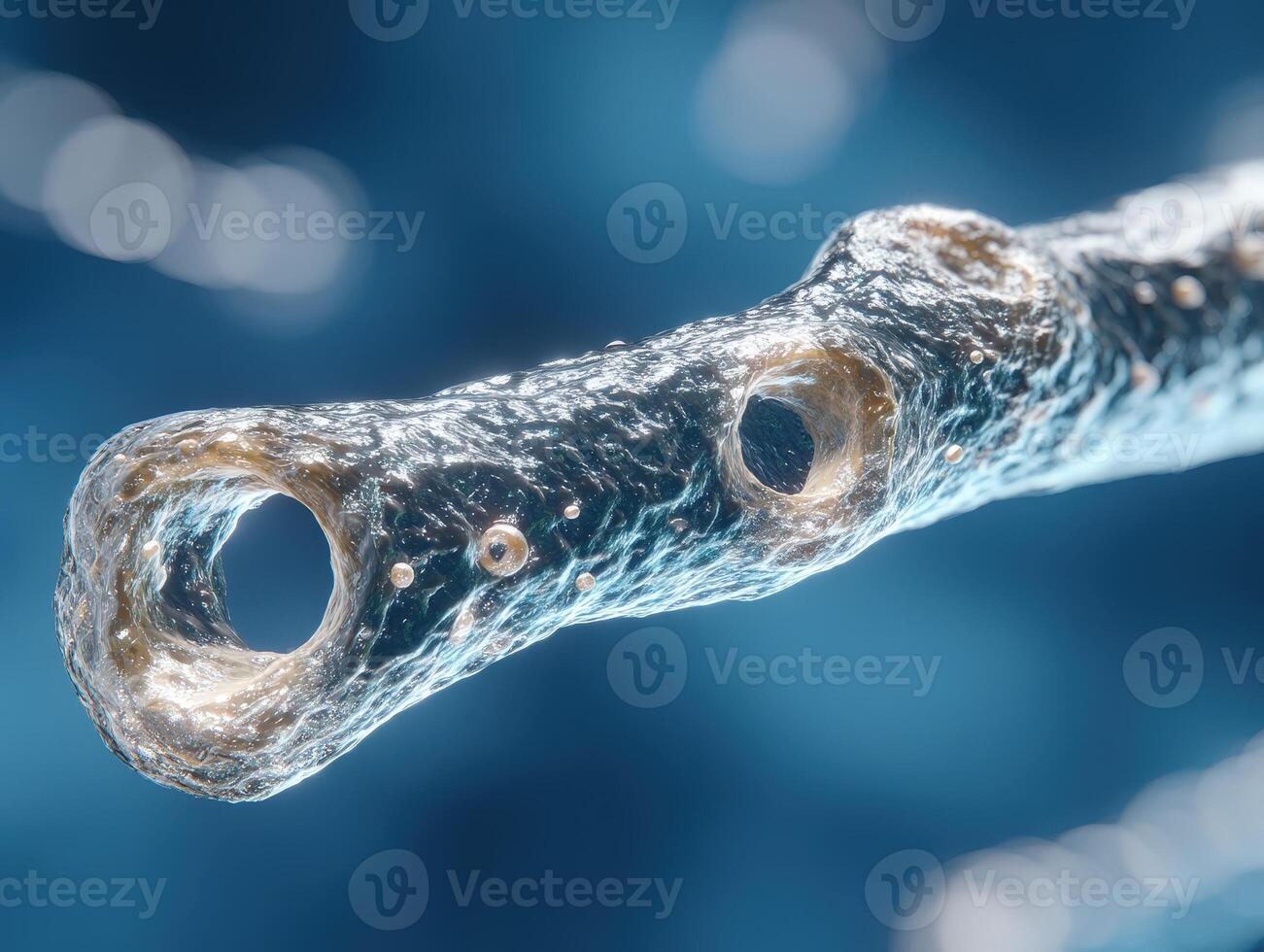 Abstract close-up of a textured, translucent tube with circular openings and small spheres, set against a bokeh background, creating a sense of depth and detail photo