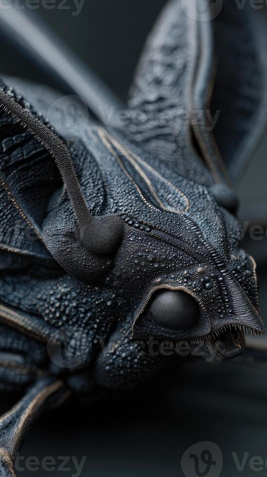 Intricate close-up of a textured, metallic-blue insect head, with detailed eyes and antennae. The shot highlights the unique tactile surface patterns and structures photo