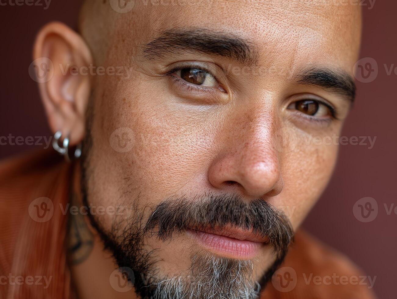 A close-up of a man with a shaved head and beard, wearing small hoop earrings, looking directly at the camera. His expression is thoughtful with slight stubble on his face photo