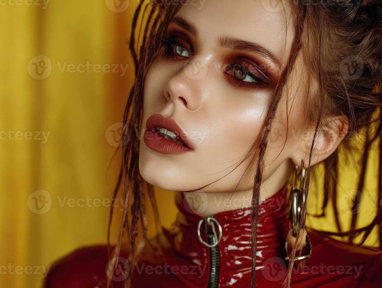 Close-up of a woman with bold makeup and striking gaze. She wears a red patent jacket, hoop earrings, and has dreadlocks, set against a yellow background, exuding confidence photo