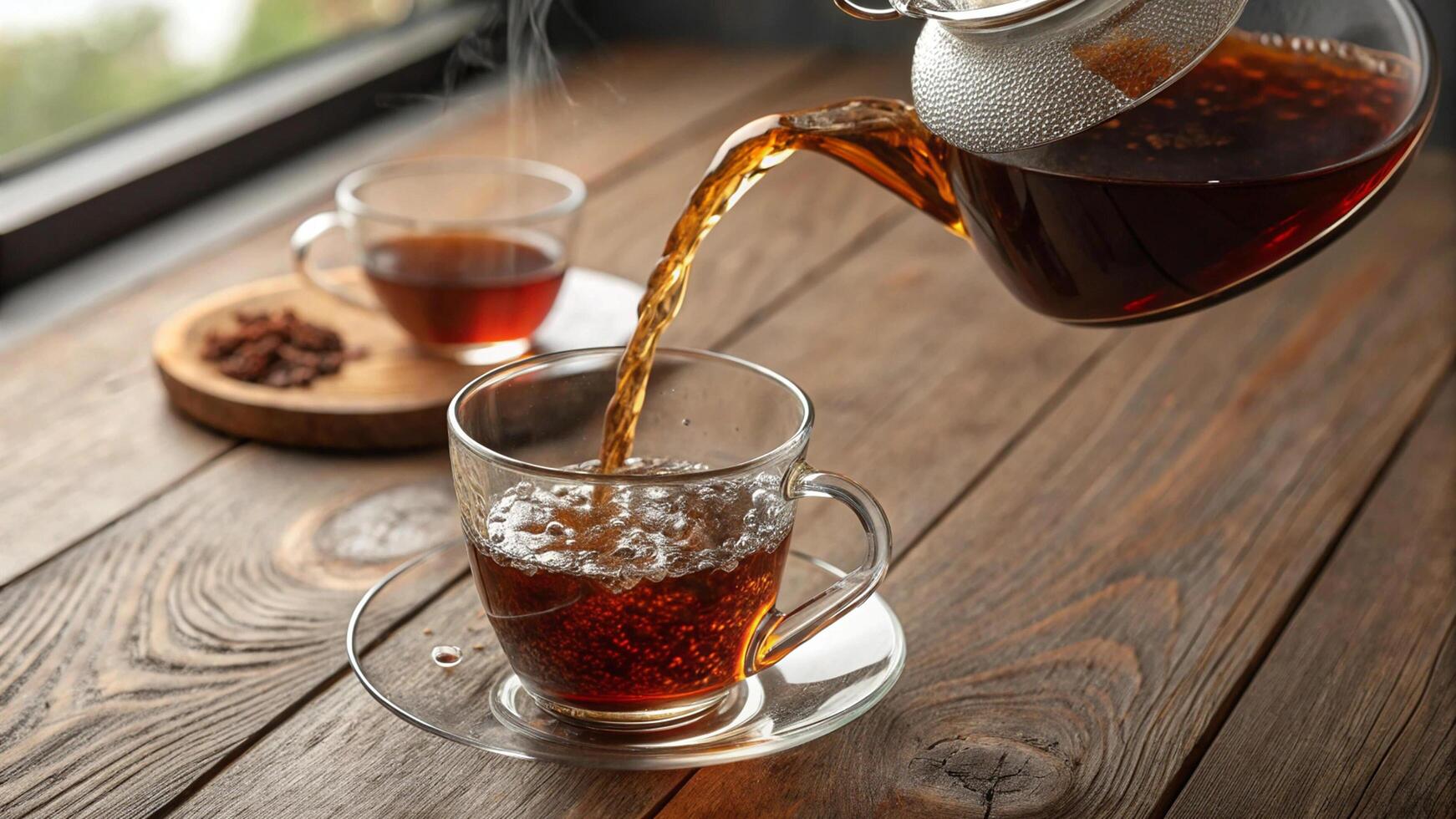 Tea Moment with Wooden Table and Glass Mug photo