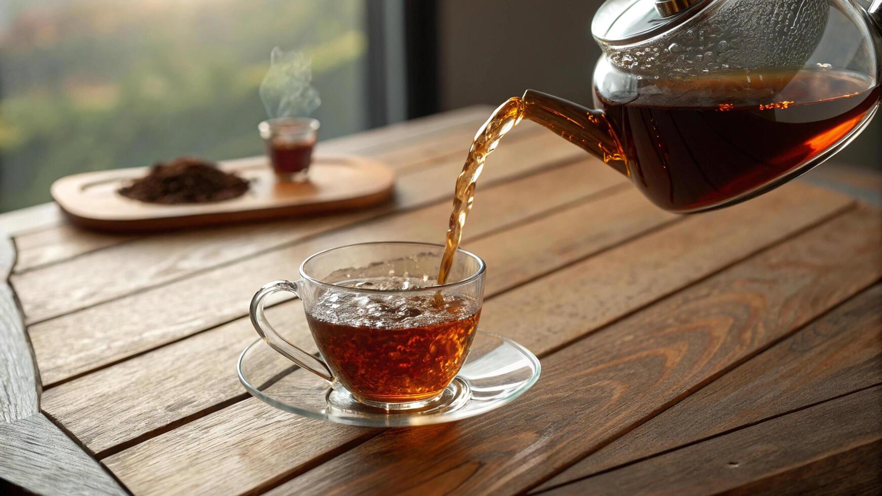 Warm Tea Scene with Wood and Glass Elements photo