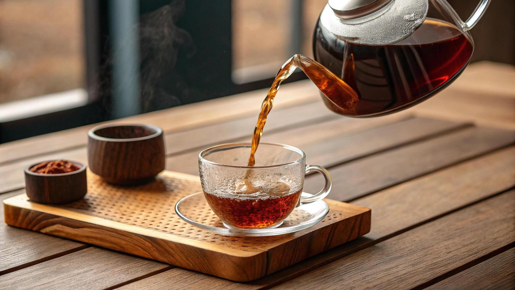 Golden Tea Poured into Clear Glass on Wooden Table photo