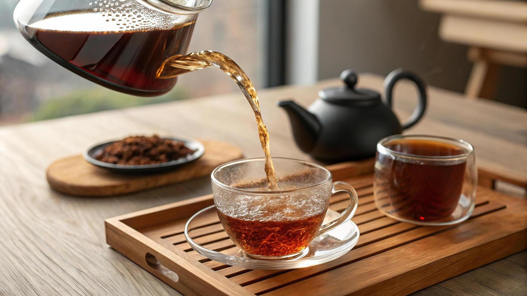 Hot Tea Splashing into Glass Cup on Table photo