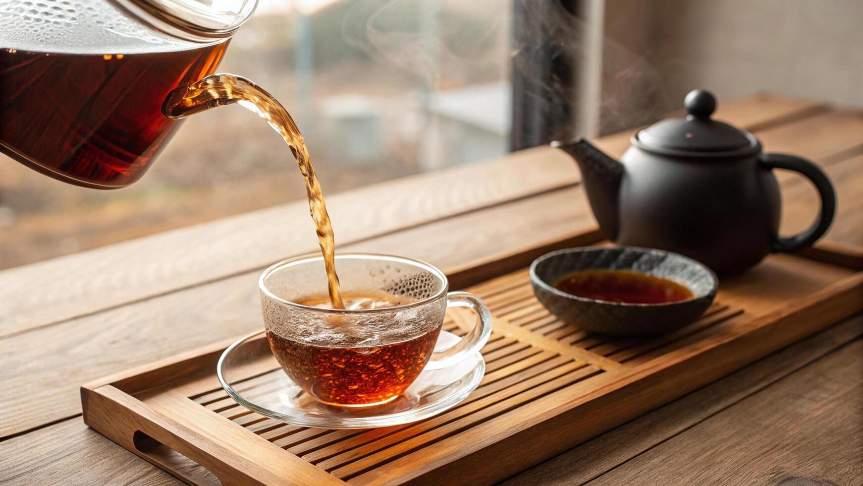 Fresh Brewed Tea into Transparent Glass on Table photo