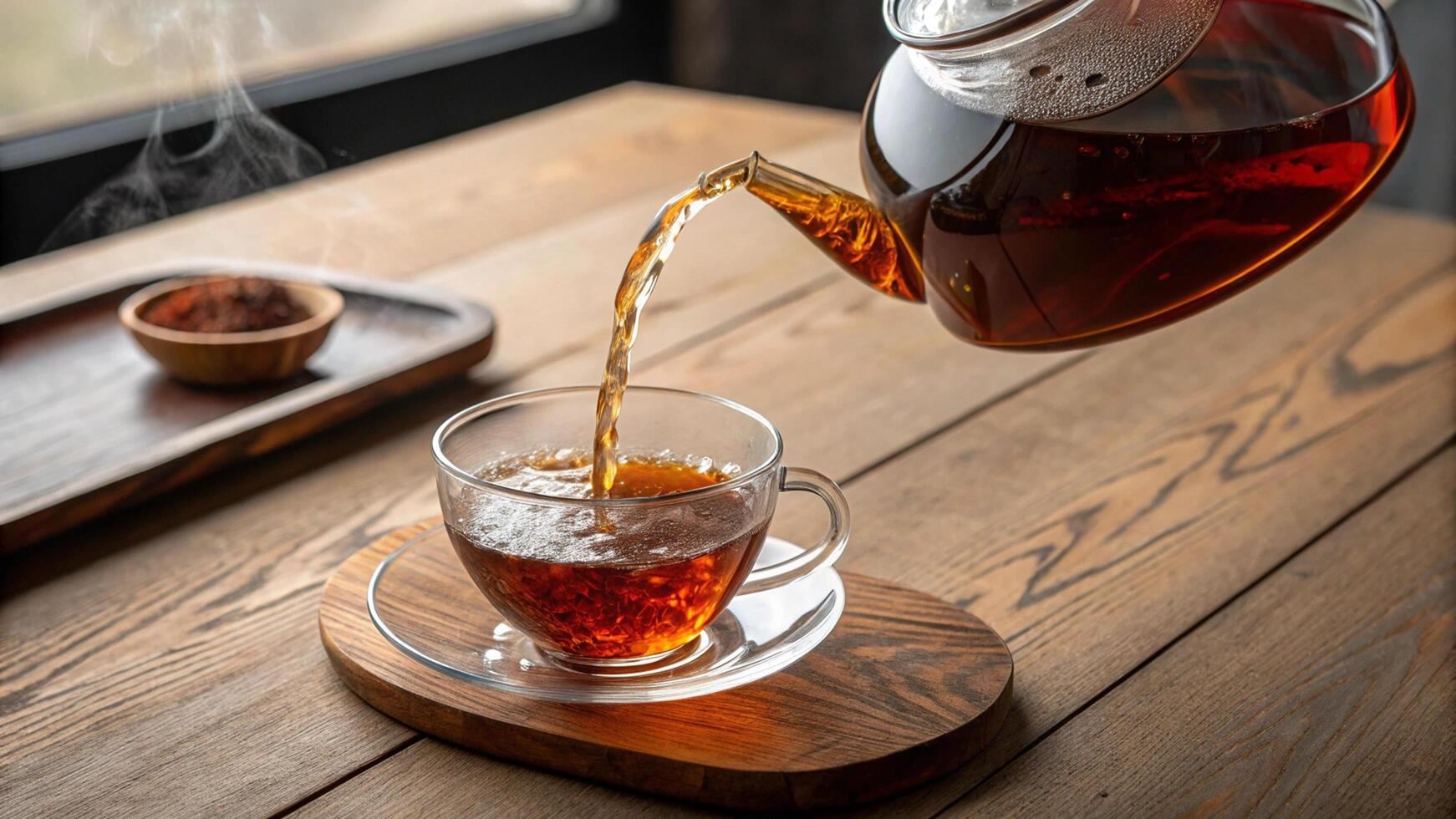 Relaxing Tea Time with Glass Cup and Wood Table photo