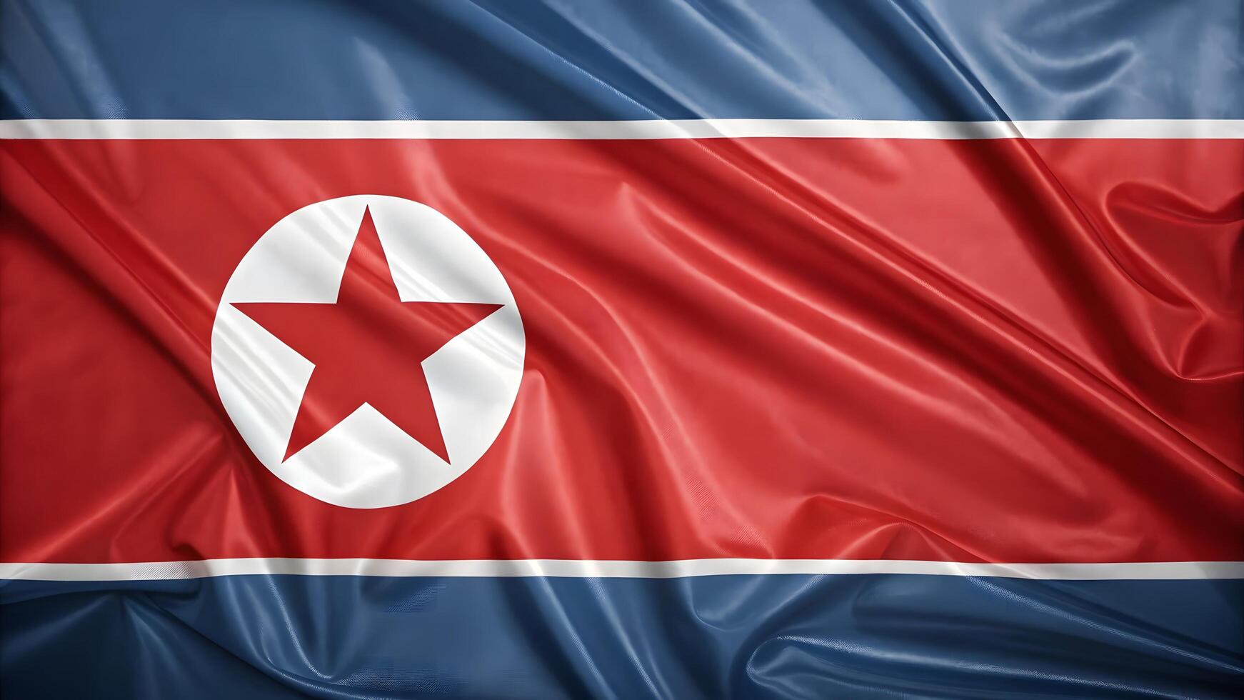 Waving North Korea flag in smooth shiny fabric red blue and white with star in high quality 3D photo