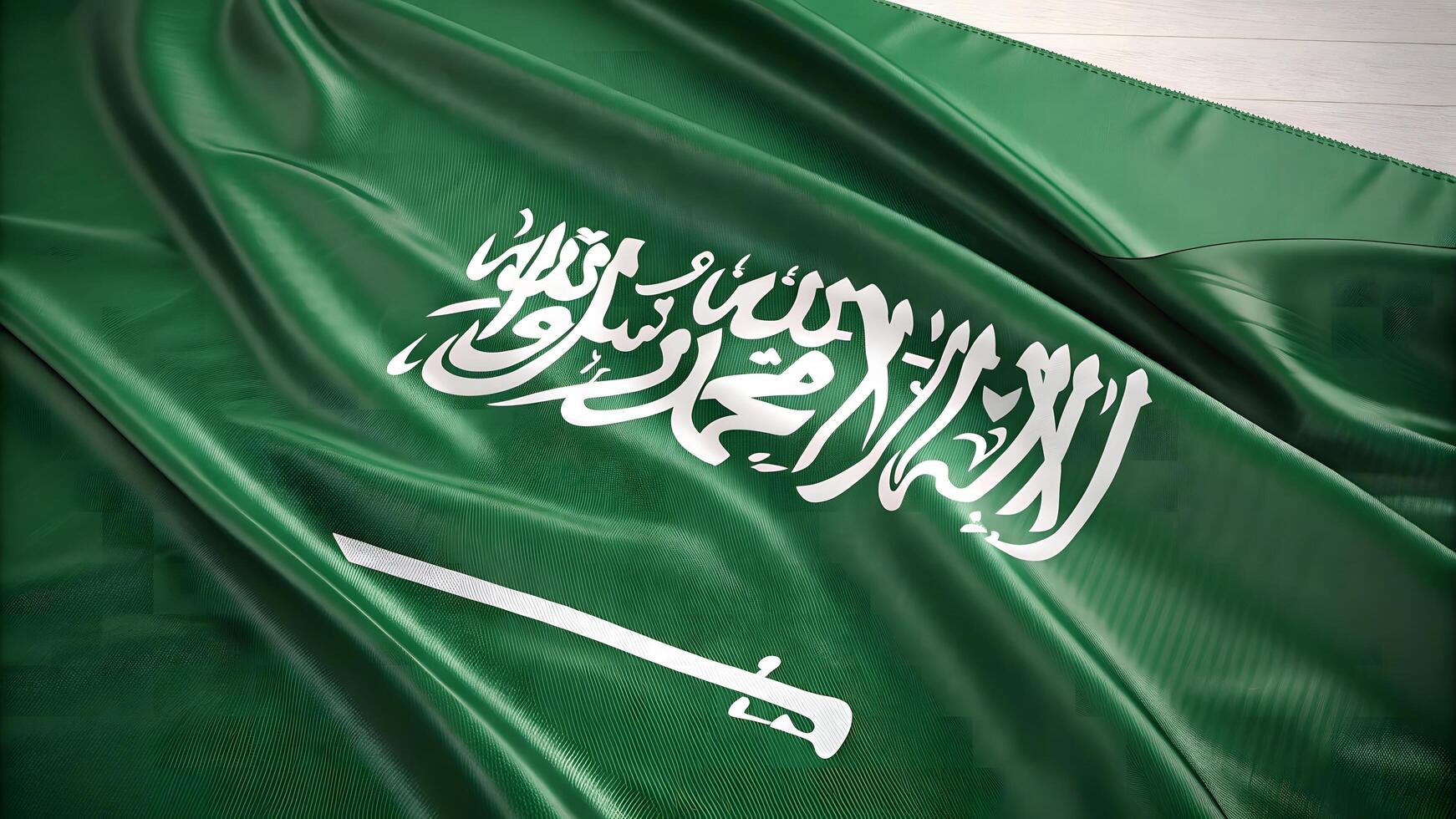 Waving Saudi Arabia flag in smooth shiny fabric green and white with Arabic inscription in high quality 3D photo