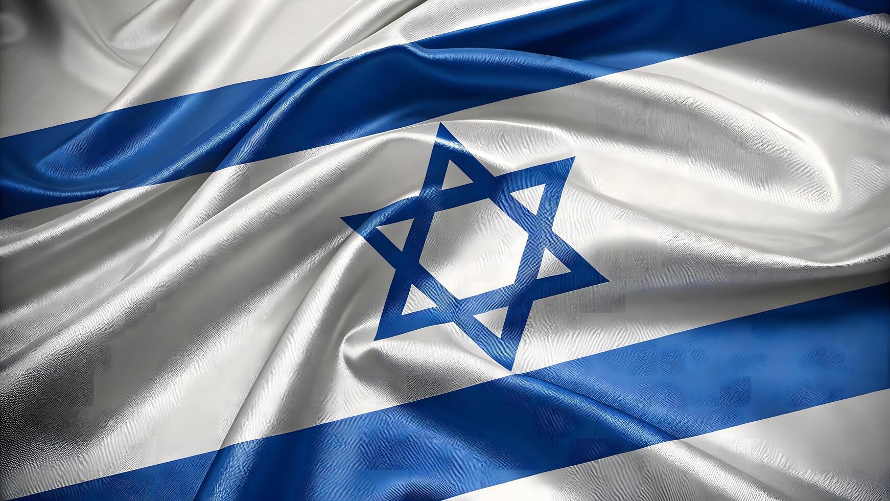Waving Israel flag in smooth shiny fabric blue and white with Star of David in high quality 3D photo