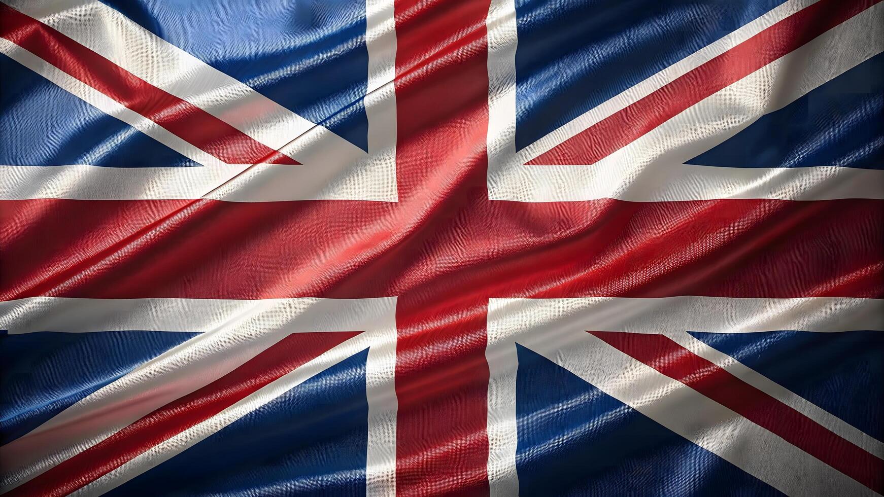 Waving UK flag in smooth shiny fabric red white and blue Union Jack in high quality 3D photo