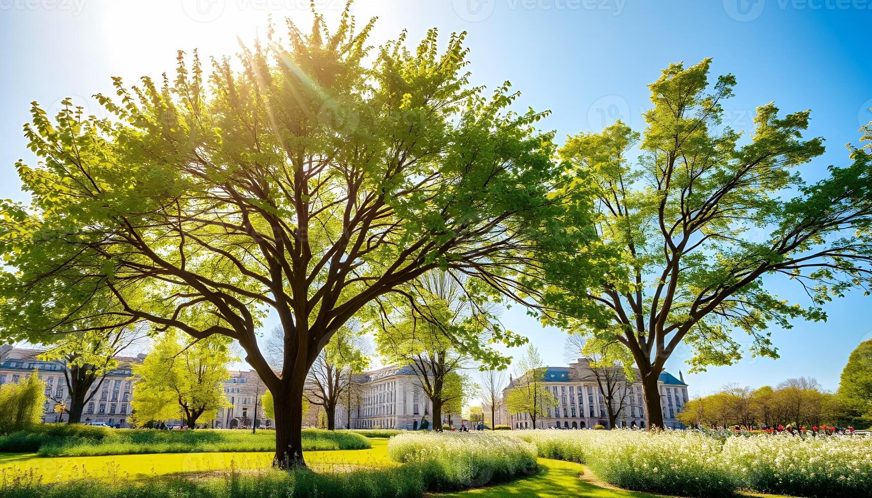 The sun shines through the trees in front of a building photo