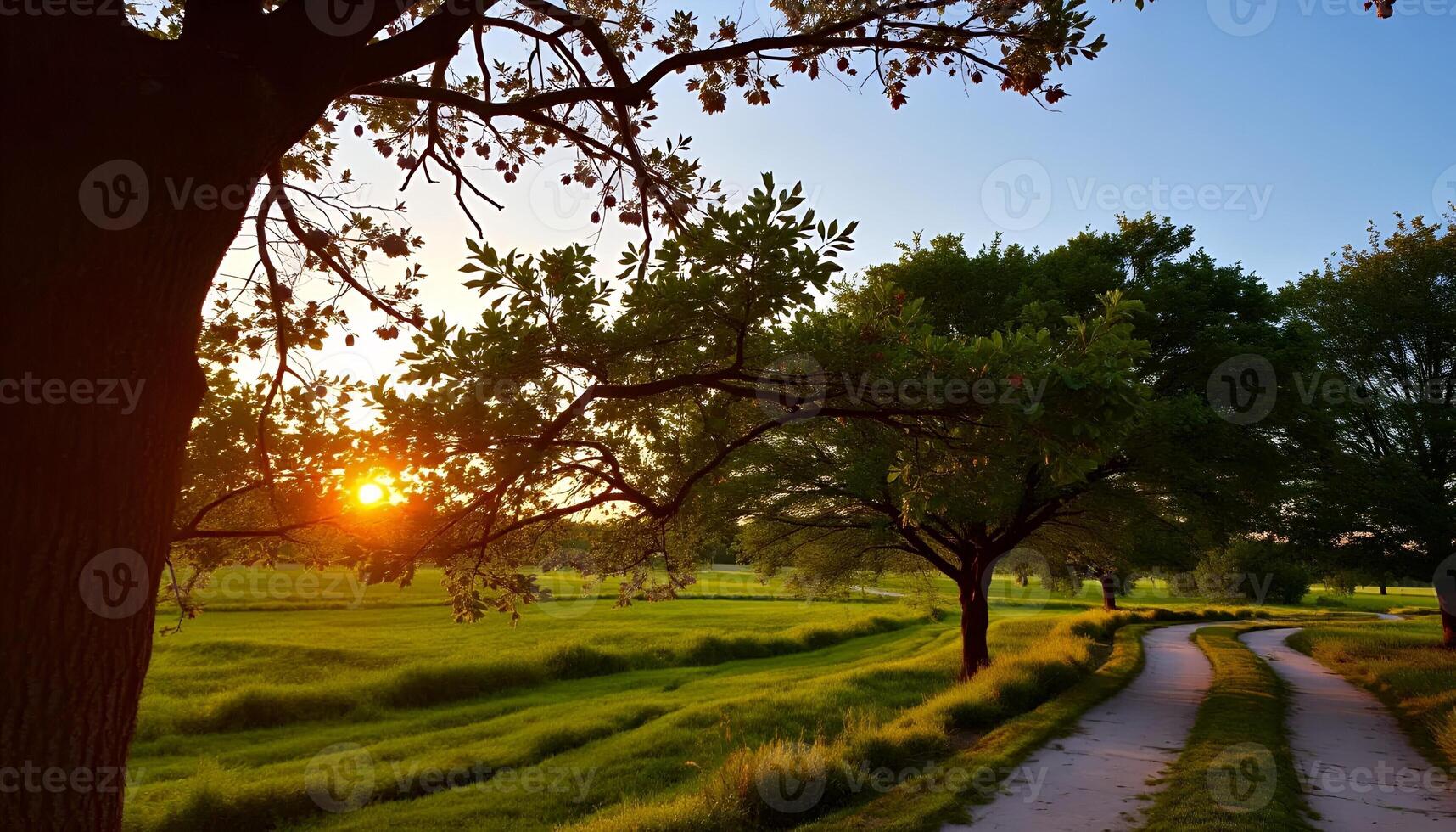 A path leads to a grassy field at sunset photo