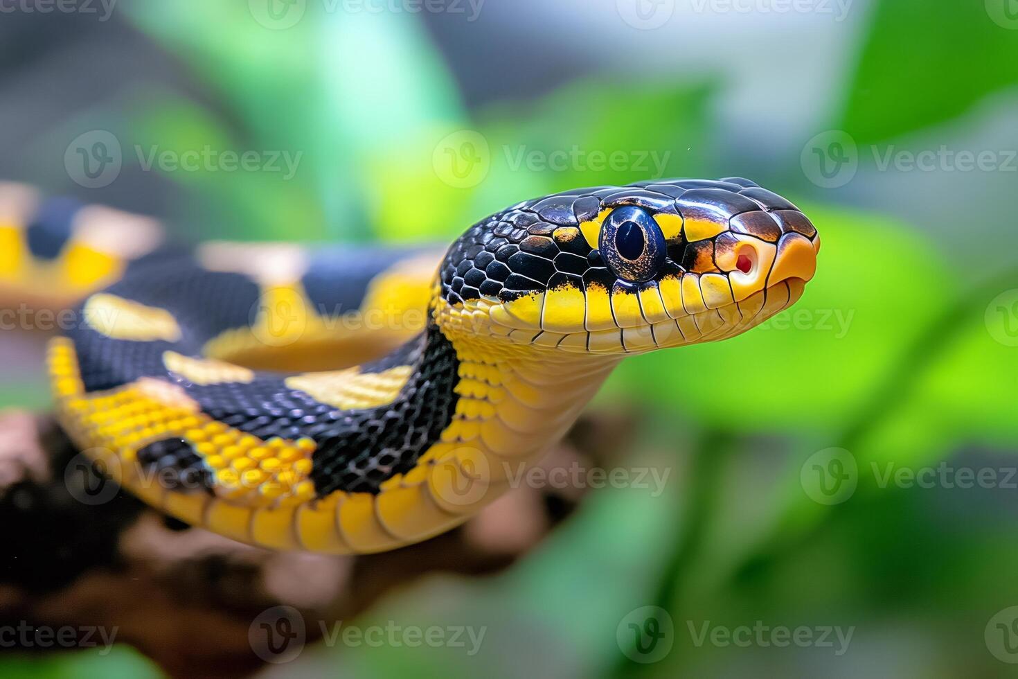 Mangrove snake crawling on branch with green blurred background photo