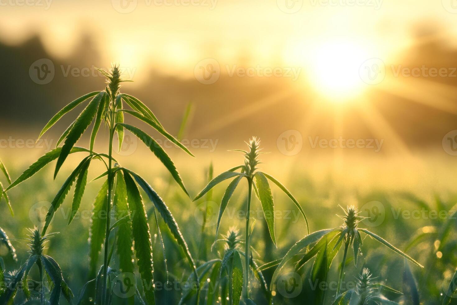 Dewy industrial hemp plants growing in field at sunrise photo